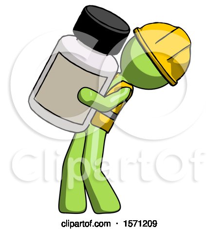 Green Construction Worker Contractor Man Holding Large White Medicine Bottle by Leo Blanchette