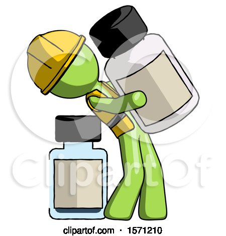 Green Construction Worker Contractor Man Holding Large White Medicine Bottle with Bottle in Background by Leo Blanchette