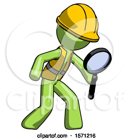 Green Construction Worker Contractor Man Inspecting with Large Magnifying Glass Right by Leo Blanchette