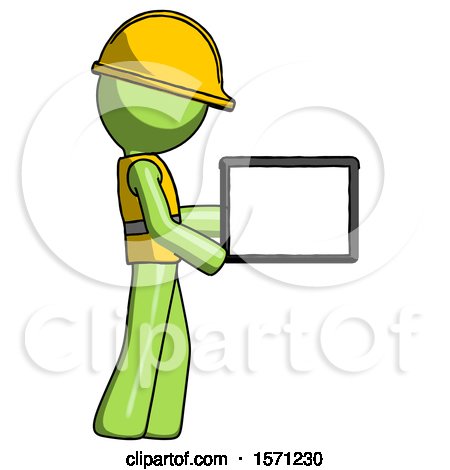 Green Construction Worker Contractor Man Show Tablet Device Computer to Viewer, Blank Area by Leo Blanchette