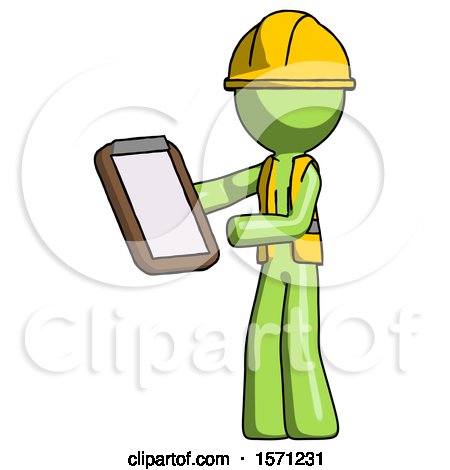 Green Construction Worker Contractor Man Reviewing Stuff on Clipboard by Leo Blanchette