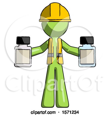 Green Construction Worker Contractor Man Holding Two Medicine Bottles by Leo Blanchette