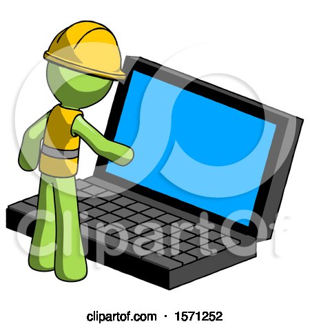 Green Construction Worker Contractor Man Using Large Laptop Computer by Leo Blanchette