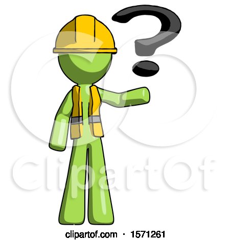 Green Construction Worker Contractor Man Holding Question Mark to Right by Leo Blanchette
