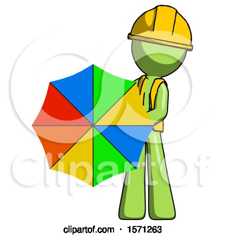 Green Construction Worker Contractor Man Holding Rainbow Umbrella out to Viewer by Leo Blanchette