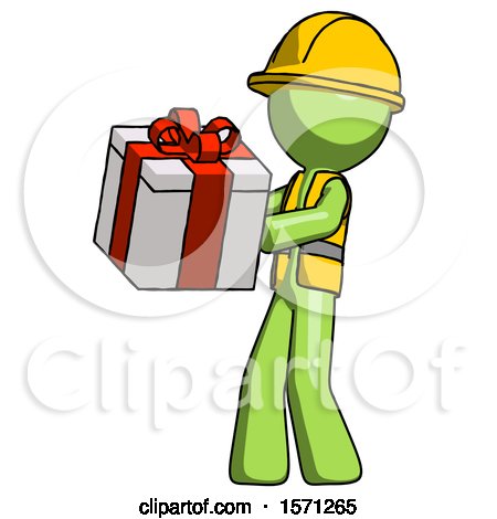 Green Construction Worker Contractor Man Presenting a Present with Large Red Bow on It by Leo Blanchette