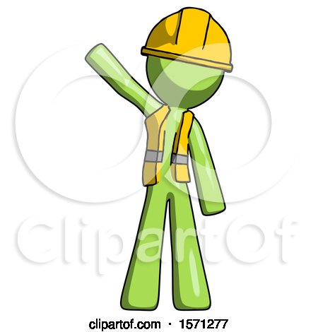 Green Construction Worker Contractor Man Waving Emphatically with Right Arm by Leo Blanchette