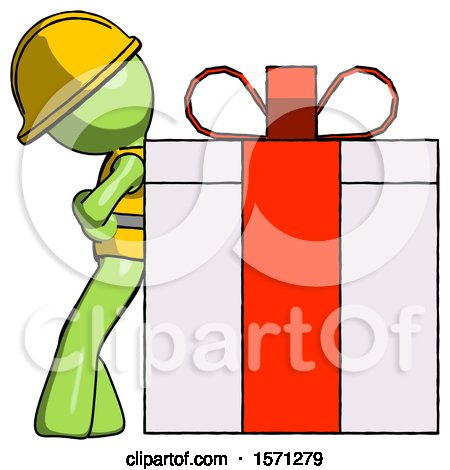 Green Construction Worker Contractor Man Gift Concept - Leaning Against Large Present by Leo Blanchette