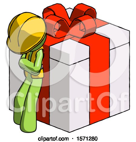 Green Construction Worker Contractor Man Leaning on Gift with Red Bow Angle View by Leo Blanchette