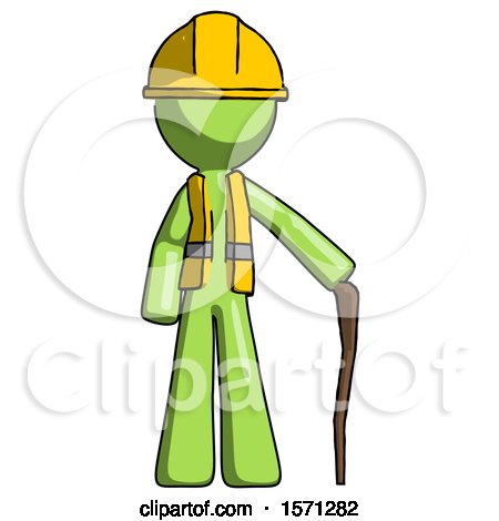 Green Construction Worker Contractor Man Standing with Hiking Stick by Leo Blanchette