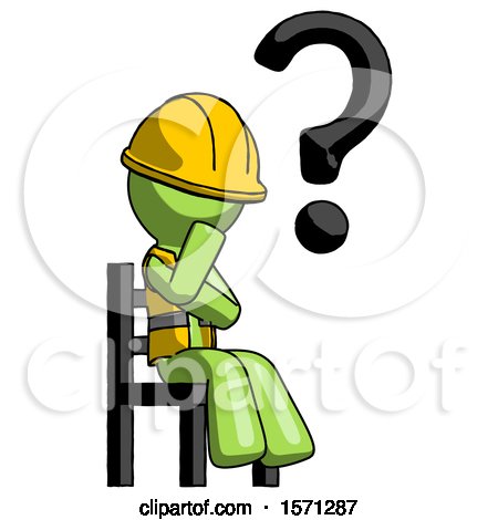 Green Construction Worker Contractor Man Question Mark Concept, Sitting on Chair Thinking by Leo Blanchette