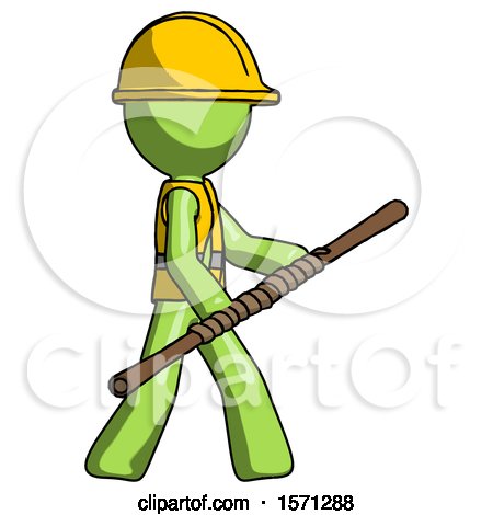 Green Construction Worker Contractor Man Holding Bo Staff in Sideways