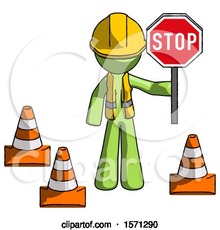 Green Construction Worker Contractor Man Holding Stop Sign by Traffic Cones Under Construction Concept by Leo Blanchette