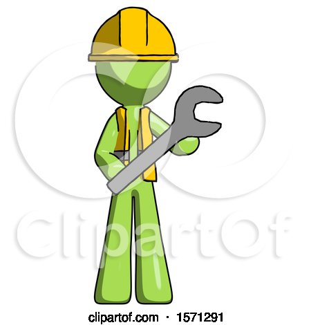 Green Construction Worker Contractor Man Holding Large Wrench with Both Hands by Leo Blanchette