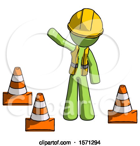 Green Construction Worker Contractor Man Standing by Traffic Cones Waving by Leo Blanchette