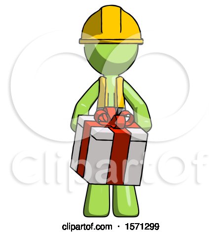 Green Construction Worker Contractor Man Gifting Present with Large Bow Front View by Leo Blanchette