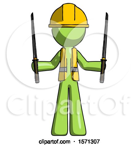 Green Construction Worker Contractor Man Posing with Two Ninja Sword Katanas up by Leo Blanchette