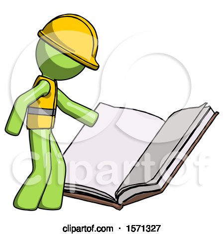Green Construction Worker Contractor Man Reading Big Book While Standing Beside It by Leo Blanchette