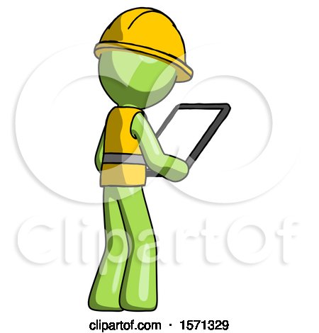 Green Construction Worker Contractor Man Looking at Tablet Device Computer Facing Away by Leo Blanchette