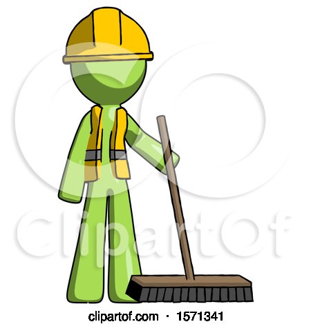 Green Construction Worker Contractor Man Standing with Industrial Broom by Leo Blanchette