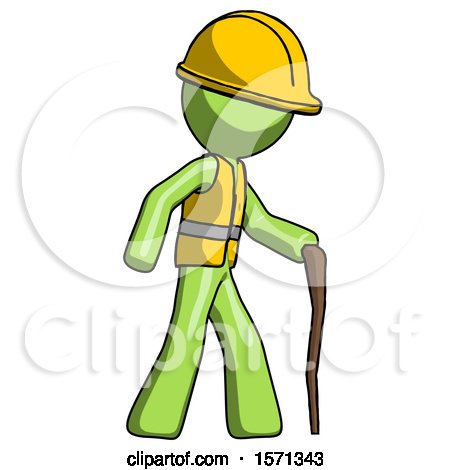 Green Construction Worker Contractor Man Walking with Hiking Stick by Leo Blanchette