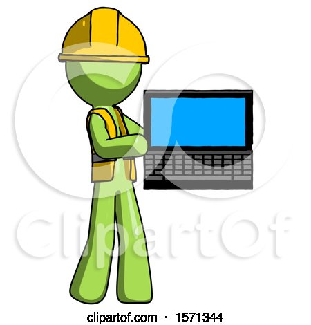 Green Construction Worker Contractor Man Holding Laptop Computer Presenting Something on Screen by Leo Blanchette