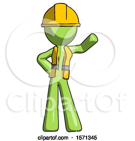 Green Construction Worker Contractor Man Waving Left Arm with Hand on Hip by Leo Blanchette