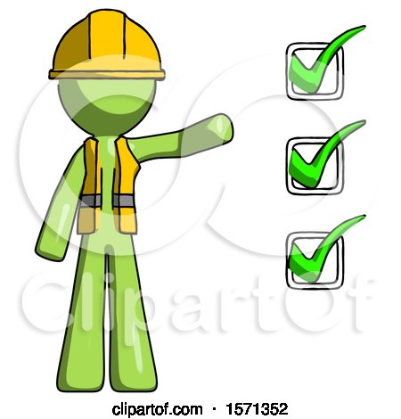 Green Construction Worker Contractor Man Standing by List of Checkmarks by Leo Blanchette