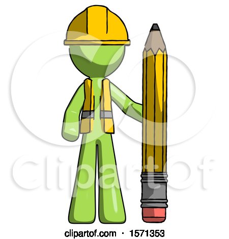 Green Construction Worker Contractor Man with Large Pencil Standing Ready to Write by Leo Blanchette