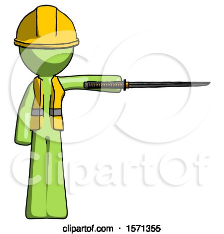 Green Construction Worker Contractor Man Standing with Ninja Sword Katana Pointing Right by Leo Blanchette