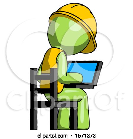 Green Construction Worker Contractor Man Using Laptop Computer While Sitting in Chair View from Back by Leo Blanchette