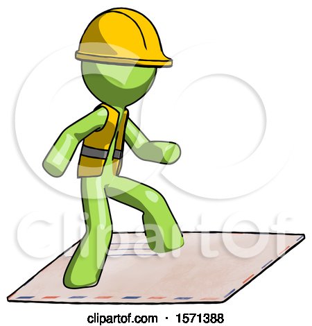 Green Construction Worker Contractor Man on Postage Envelope Surfing by Leo Blanchette