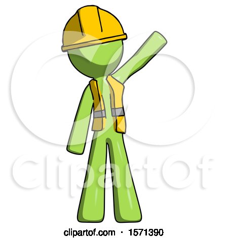 Green Construction Worker Contractor Man Waving Emphatically with Left Arm by Leo Blanchette