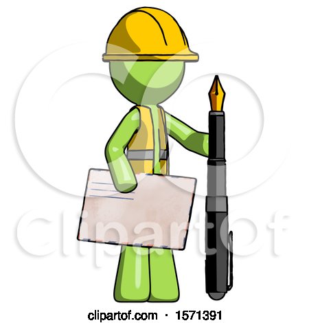 Green Construction Worker Contractor Man Holding Large Envelope and Calligraphy Pen by Leo Blanchette