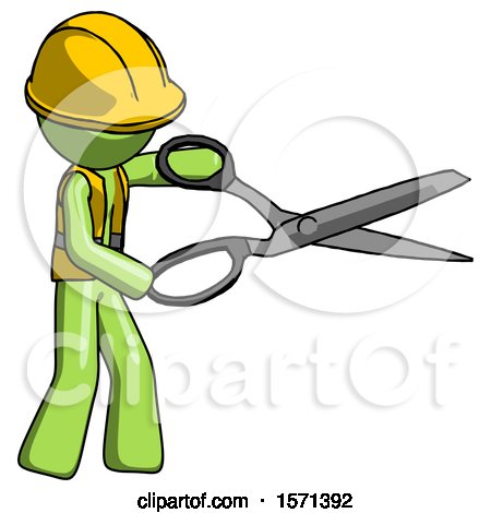 Green Construction Worker Contractor Man Holding Giant Scissors Cutting out Something by Leo Blanchette