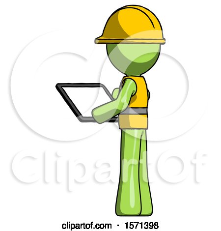 Green Construction Worker Contractor Man Looking at Tablet Device Computer with Back to Viewer by Leo Blanchette