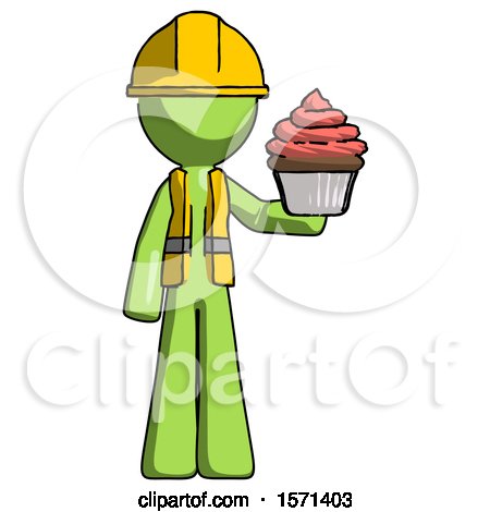 Green Construction Worker Contractor Man Presenting Pink Cupcake to Viewer by Leo Blanchette