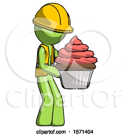 Green Construction Worker Contractor Man Holding Large Cupcake Ready to Eat or Serve by Leo Blanchette
