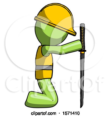 Green Construction Worker Contractor Man Kneeling with Ninja Sword Katana Showing Respect by Leo Blanchette