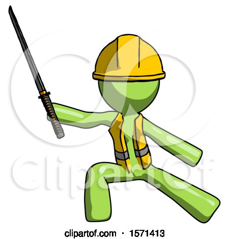 Green Construction Worker Contractor Man with Ninja Sword Katana in Defense Pose by Leo Blanchette