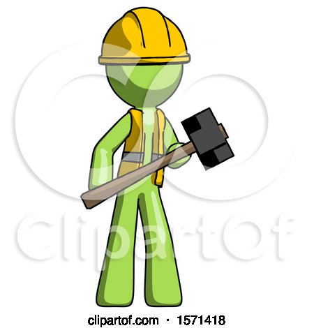 Green Construction Worker Contractor Man with Sledgehammer Standing Ready to Work or Defend by Leo Blanchette