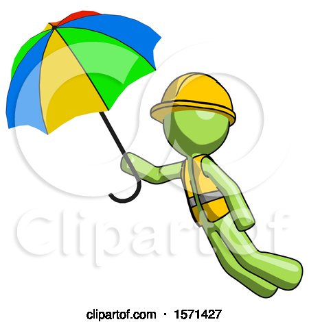 Green Construction Worker Contractor Man Flying with Rainbow Colored Umbrella by Leo Blanchette