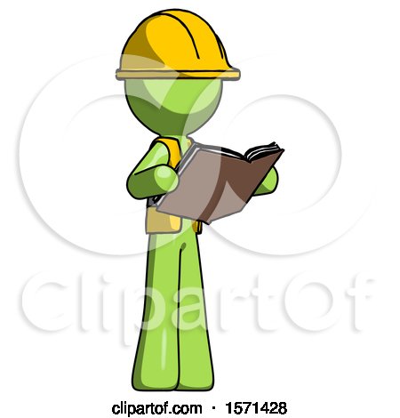 Green Construction Worker Contractor Man Reading Book While Standing up Facing Away by Leo Blanchette