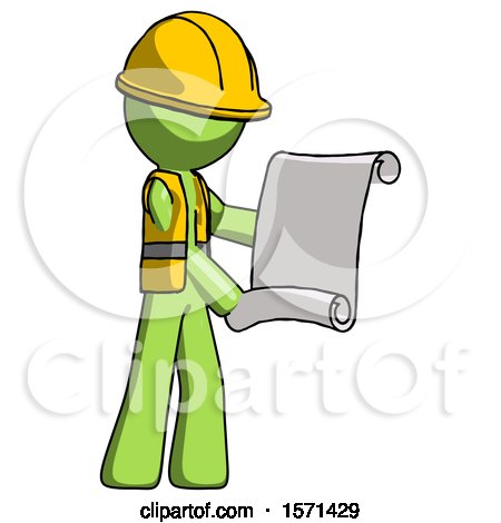 Green Construction Worker Contractor Man Holding Blueprints or Scroll by Leo Blanchette