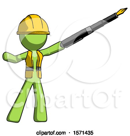 Green Construction Worker Contractor Man Pen Is Mightier Than the Sword Calligraphy Pose by Leo Blanchette