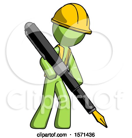Green Construction Worker Contractor Man Drawing or Writing with Large Calligraphy Pen by Leo Blanchette