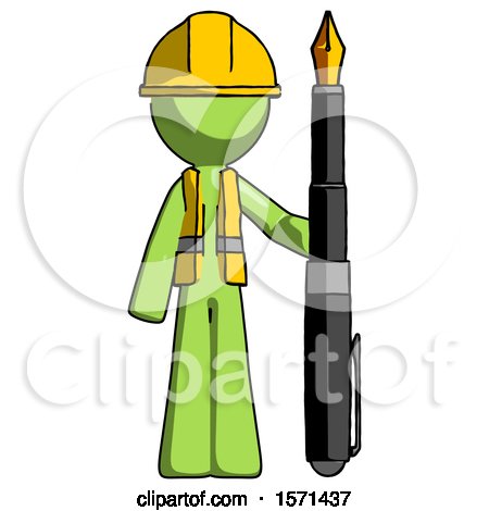 Green Construction Worker Contractor Man Holding Giant Calligraphy Pen by Leo Blanchette
