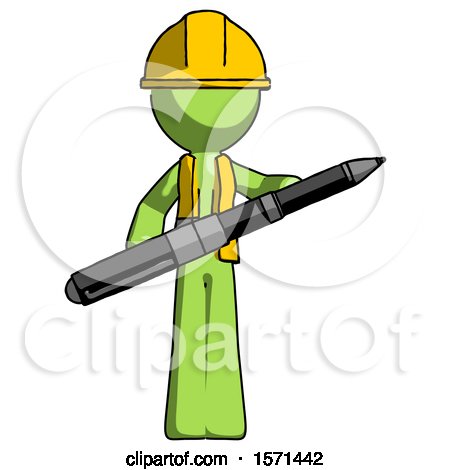Green Construction Worker Contractor Man Posing Confidently with Giant Pen by Leo Blanchette
