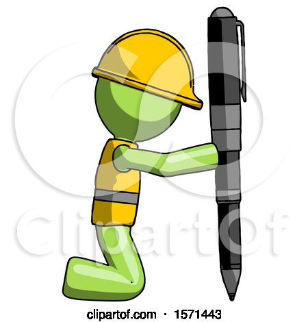 Green Construction Worker Contractor Man Posing with Giant Pen in Powerful yet Awkward Manner. by Leo Blanchette