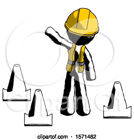 Ink Construction Worker Contractor Man Standing by Traffic Cones Waving by Leo Blanchette